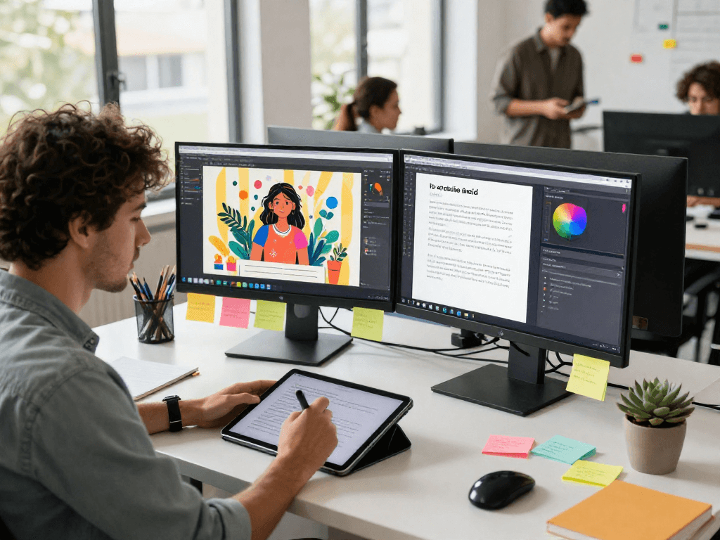 Dynamic workspace with designer using nsfw ai on tablet, dual monitors showcasing creative concepts.