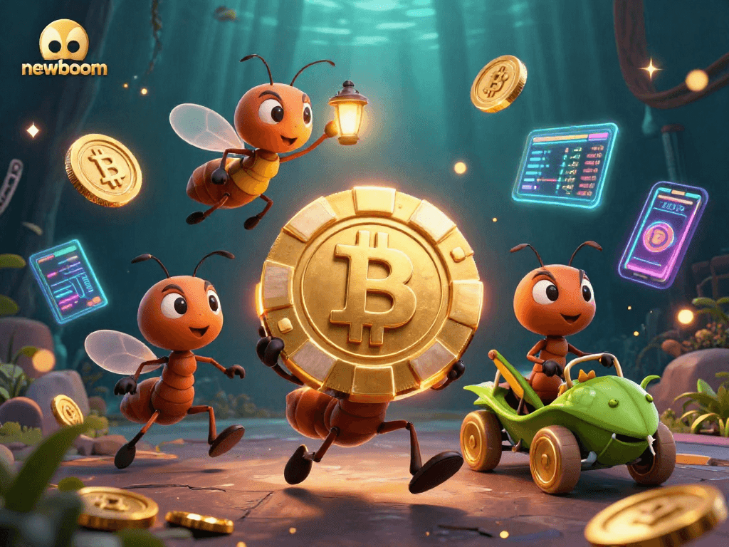 Newboom showcases ants in a heist with massive poker chip, surrounded by crypto coins, highlighting online gambling adventure.