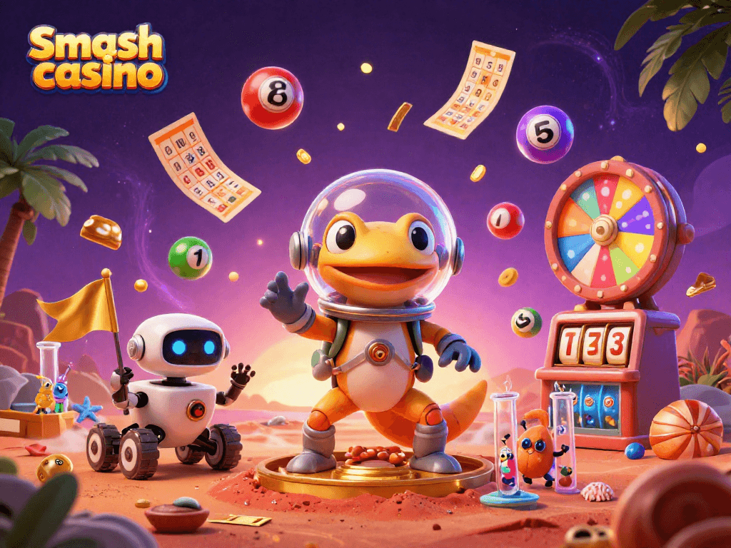 Engage with Smash casino's thrilling atmosphere featuring a Martian gecko and vibrant gaming elements.