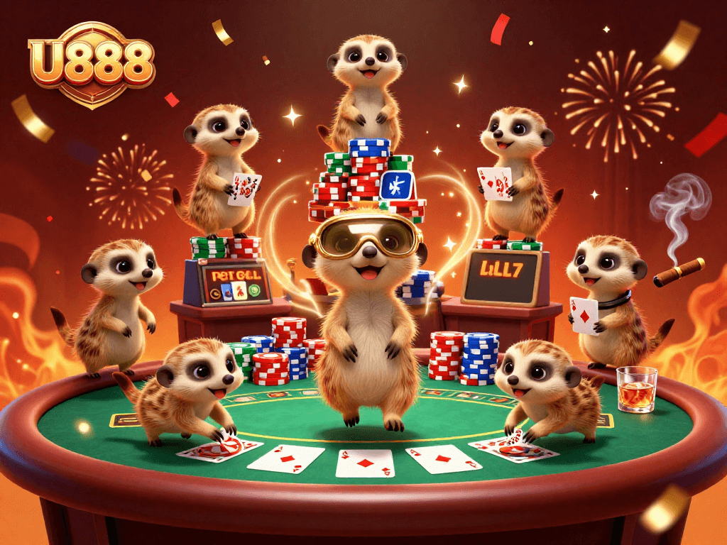 U888 meerkats managing an energetic casino scene filled with poker elements and celebratory confetti
