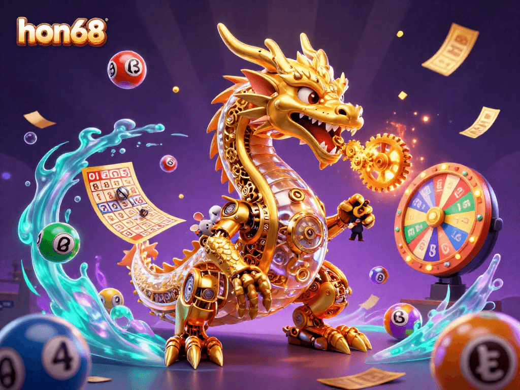 Engage with hon68 in a dynamic scene featuring a golden dragon and lottery elements, ideal for online gaming.