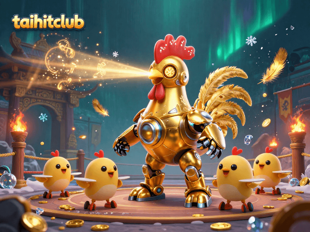 Experience the thrill of taihitclub as a golden rooster robot and chick drones battle in a vibrant casino setting.