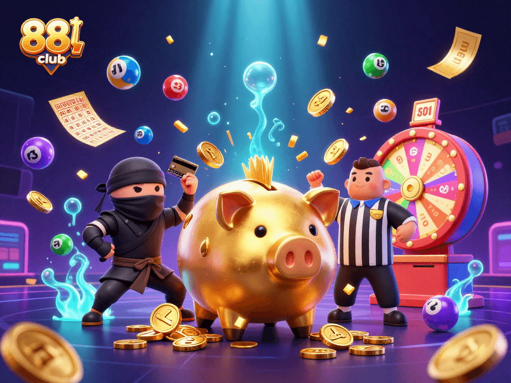 88club showcases a 3D piggy bank warrior in a thrilling casino battle, exploding with vibrant game elements.