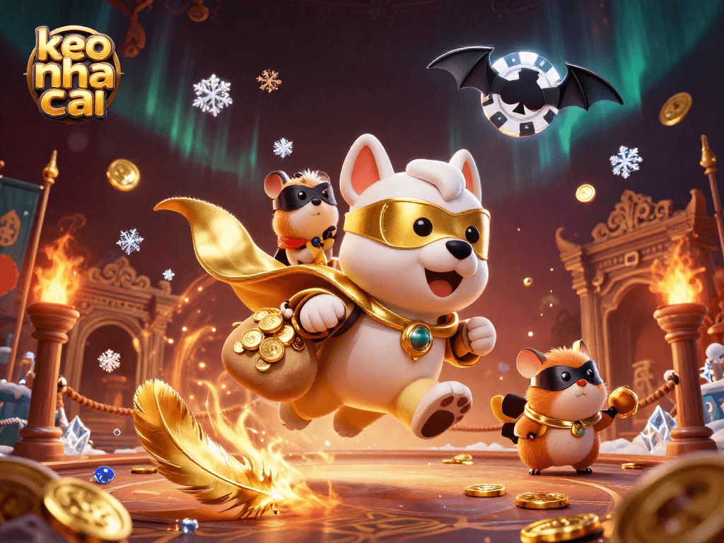 Experience exciting games with keo nha cai featuring a superhero dog and hamster in a dynamic casino scene.
