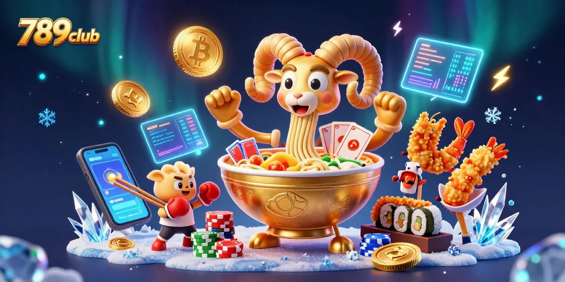 Engage with 789club through an entertaining scene featuring a golden ramen bowl dealer, crypto coins, and vibrant cheerleaders.