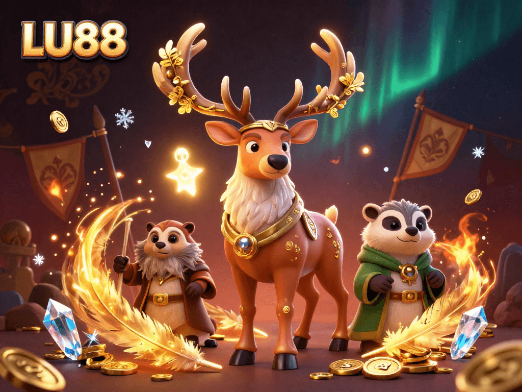 LU88 casino scene featuring a Celtic stag, wise badger, and gaming elements, rich in visual detail.