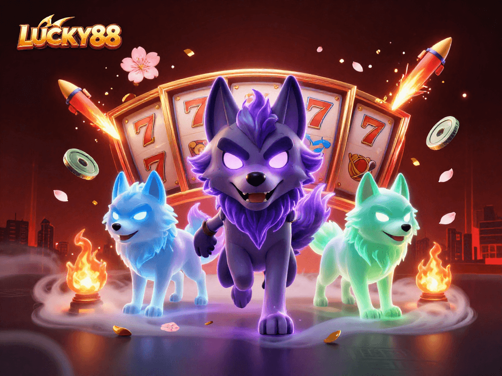 Experience the excitement of LUCKY88 with a thrilling 3D illustration of dynamic casino elements and glowing ghostly wolves.