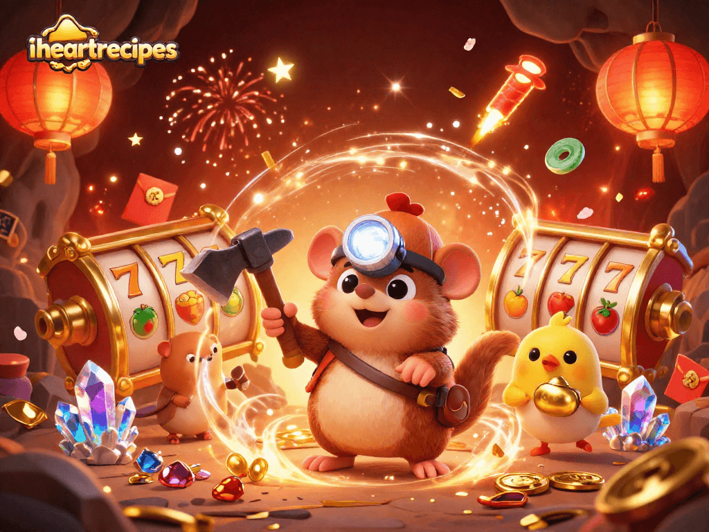 Engaging iheartrecipes scene with a treasure hunter enjoying jackpot visuals amidst festive decorations.