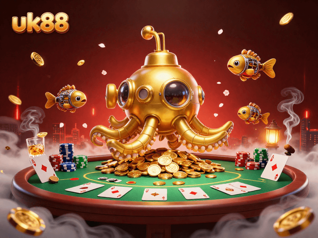Experience thrilling action with uk88's golden kraken submarine amid vibrant poker elements and riches.