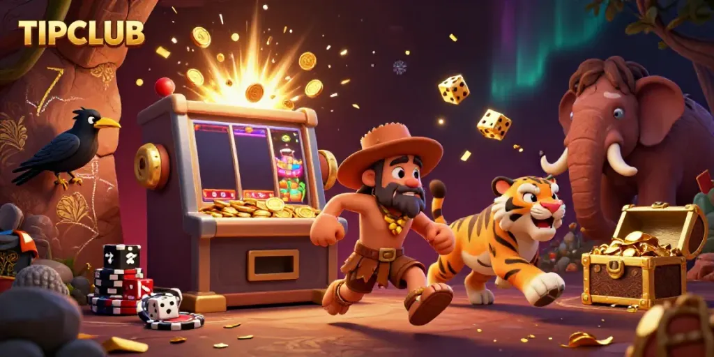Win big with TIPCLUB at a vibrant prehistoric casino featuring dynamic 3D elements.