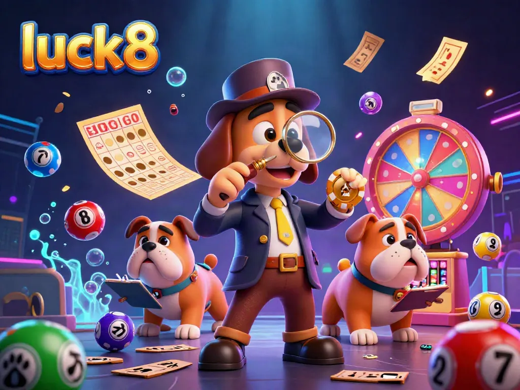 Experience thrilling gameplay at luck8 with a 3D cartoon detective discovering poker chip clues amid vibrant gaming elements.