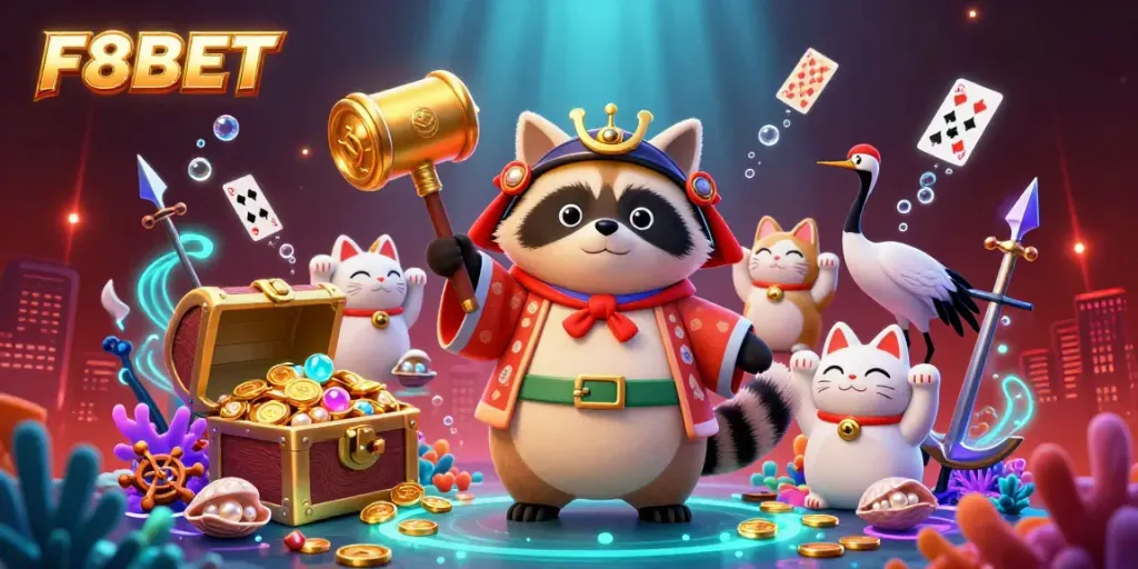 Experience the vibrant gaming atmosphere of F8BET with cheerful characters and lively casino action.