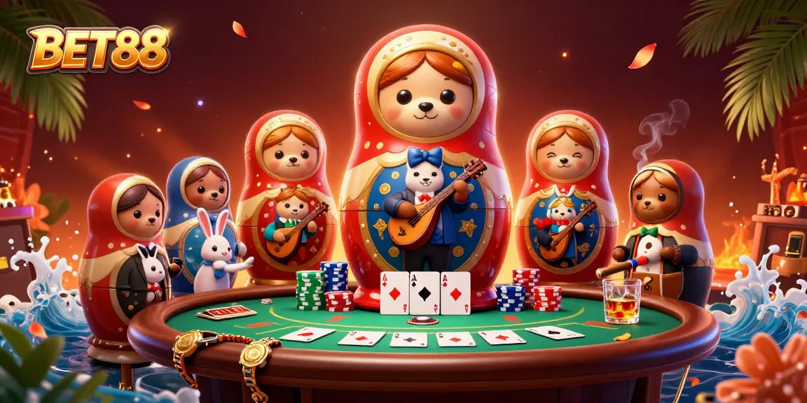 Experience the thrill of BET88 with cartoon bears at a vibrant poker table showcasing winning hands.