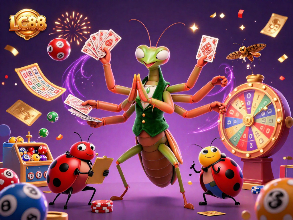 Experience vibrant gaming with LC88's thrilling casino action through a colorful, animated scene.