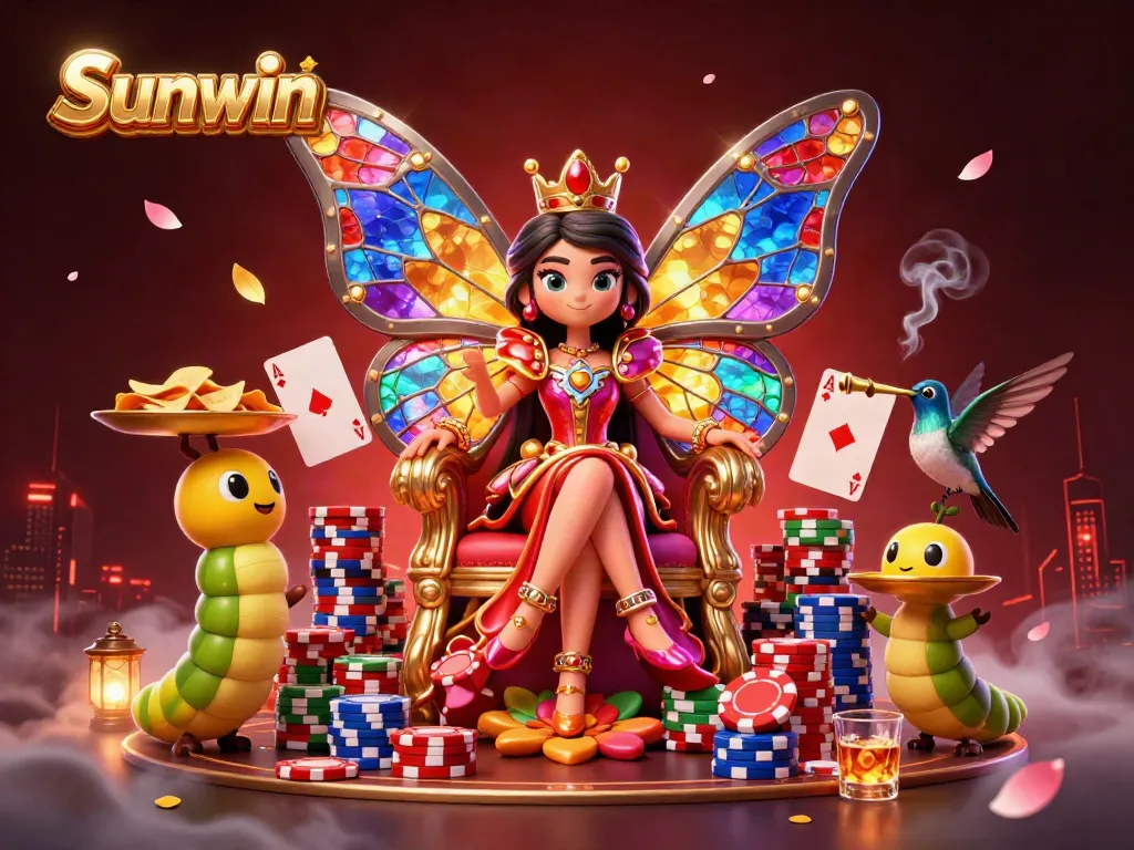 Sunwin's vibrant casino world illustrated with a colorful butterfly queen, vibrant poker elements, and a festive atmosphere.