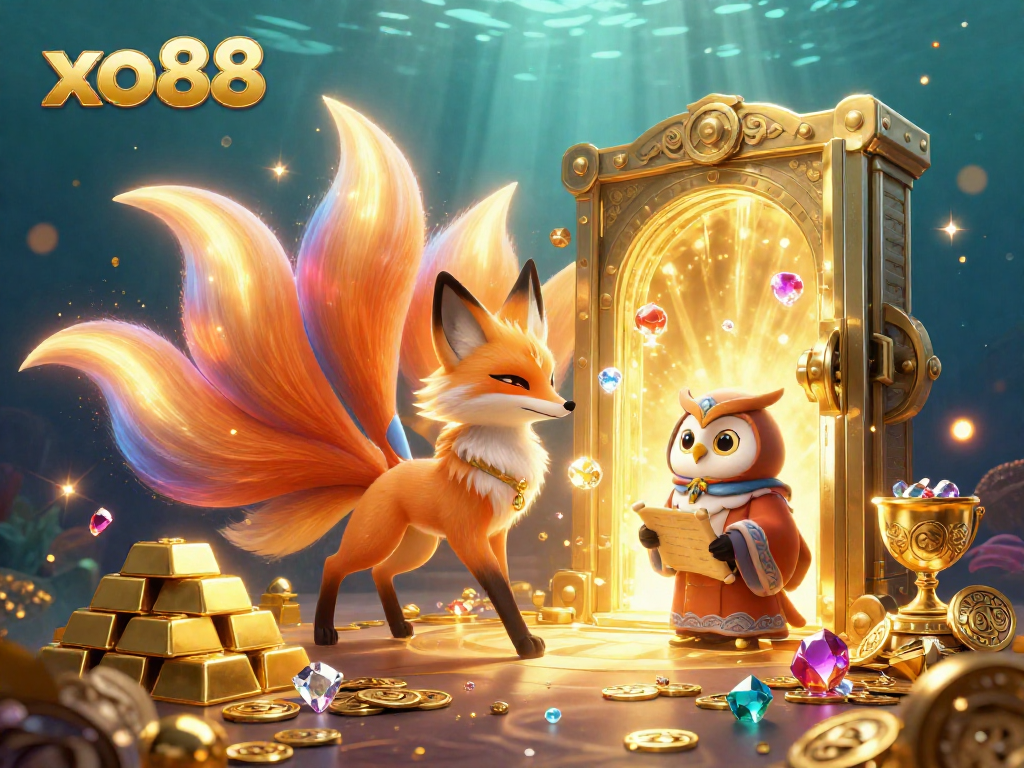 Join the exciting world of xo88 with a colorful nine-tailed fox and treasures, showcasing vibrant gambling fun.