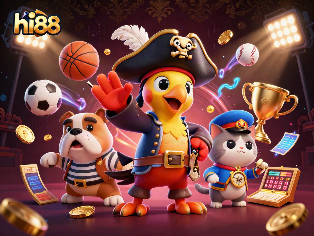 Experience exciting betting moments with hi88 featuring a 3D pirate captain and his crew amidst sports-themed elements.