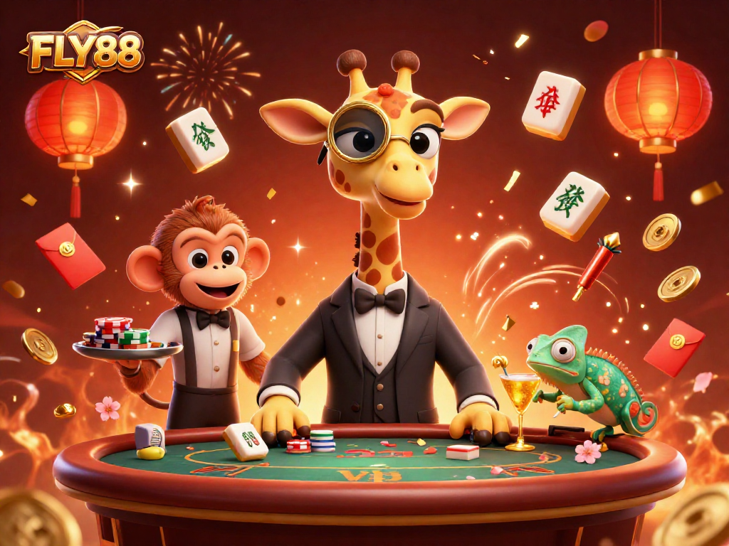 Experience the thrill of FLY88 with high-roller characters and vibrant casino elements.
