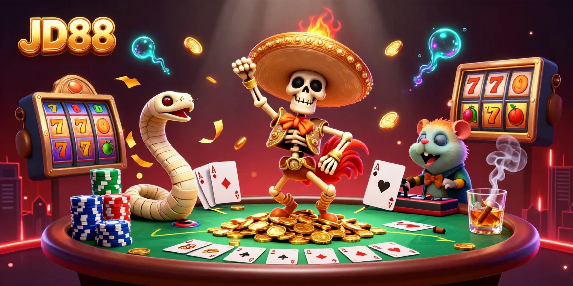 Experience lively JD88 fun with a victory dancing mariachi rooster and vibrant casino elements.