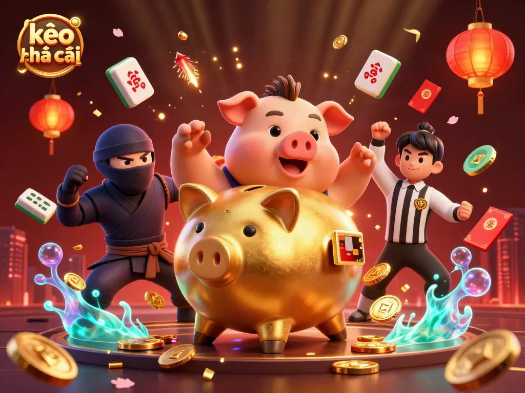 Experience kèo nhà cái with dynamic gaming action among gold coins and lucky symbols in this vibrant illustration.