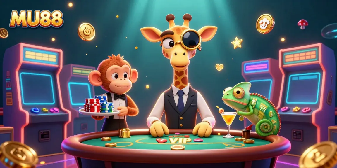 Engage with MU88's vibrant casino world featuring a giraffe in a tuxedo and animated characters.