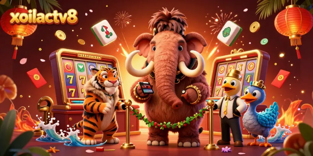 Experience the excitement of xoilactv8 with a cartoon mammoth bouncer in a lively casino scene.
