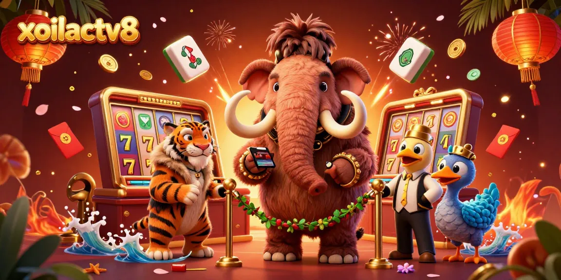Experience the excitement of xoilactv8 with a cartoon mammoth bouncer in a lively casino scene.