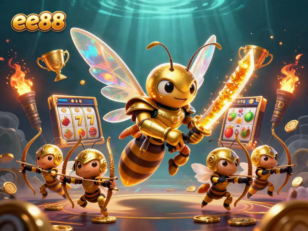Win big with ee88 featuring a giant hornet in samurai armor amidst vibrant casino elements and dynamic game action.