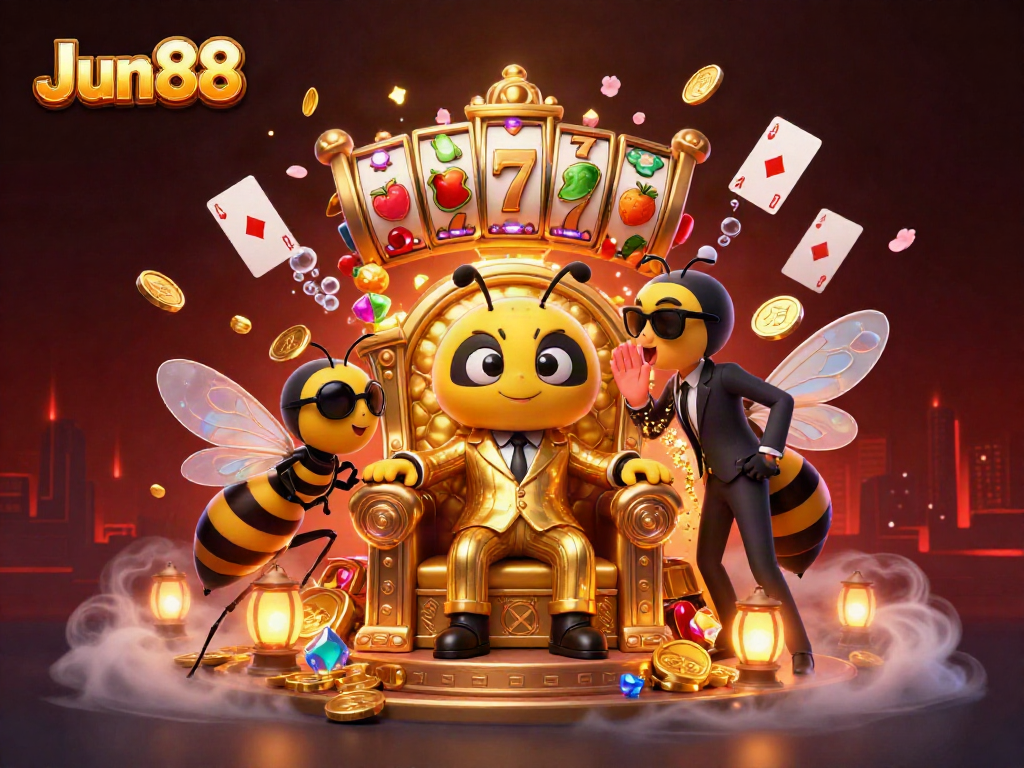 Experience winning at Jun88 with a vibrant casino scene featuring a bumblebee mob boss.