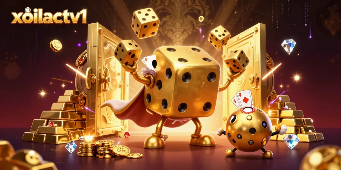 Engage with xoilactv1’s unique golden dice characters juggling riches in a vibrant casino scene.