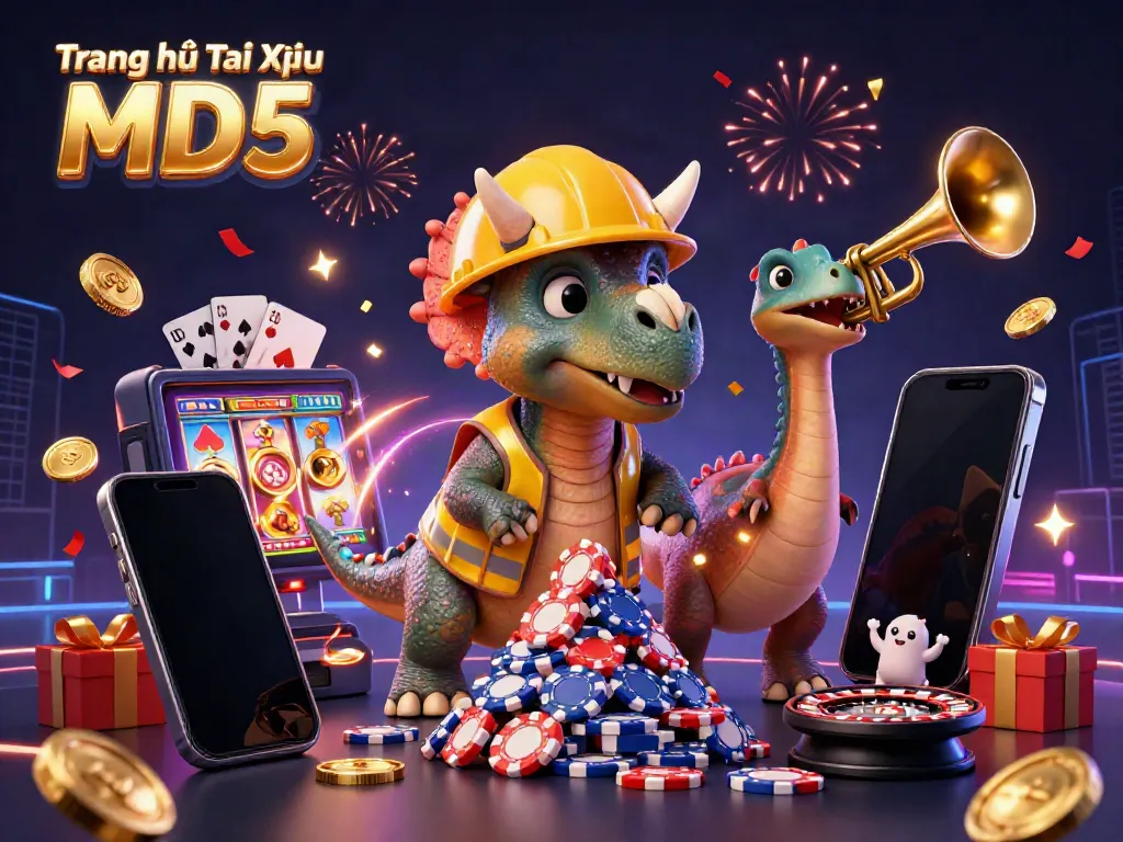 Celebrate with the vibrant scene at Trang Chủ Tài Xỉu MD5 featuring animated dinosaur characters and casino elements.