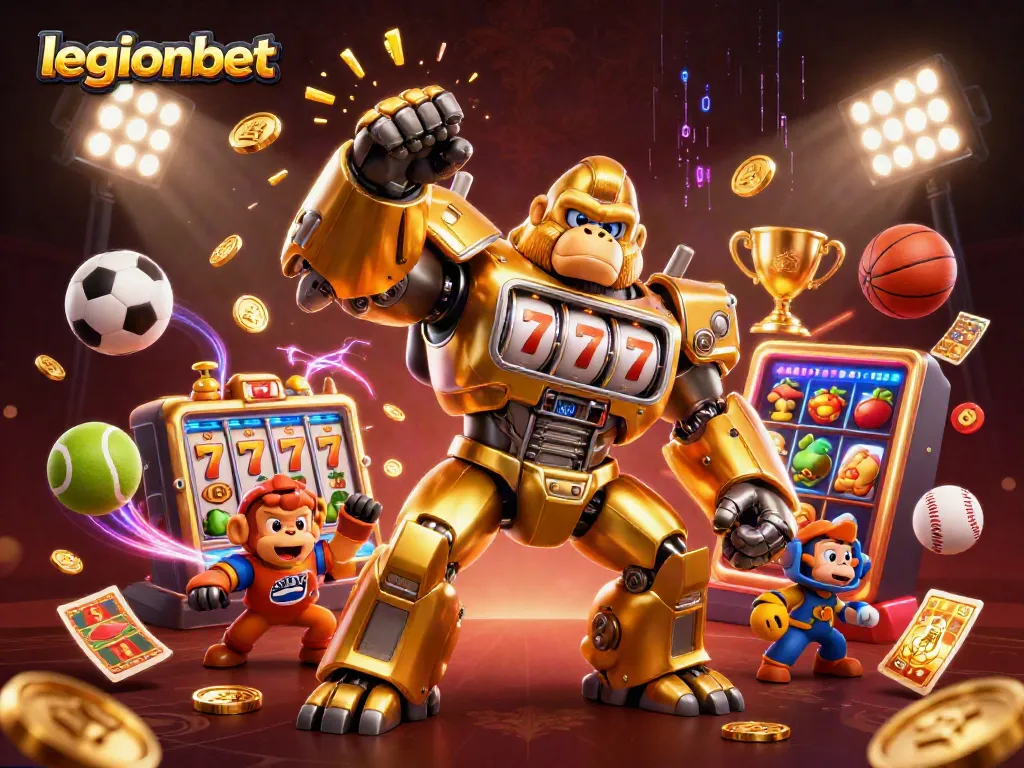 Experience thrilling gaming with legionbet's 3D golden gorilla mech amidst dynamic casino action.