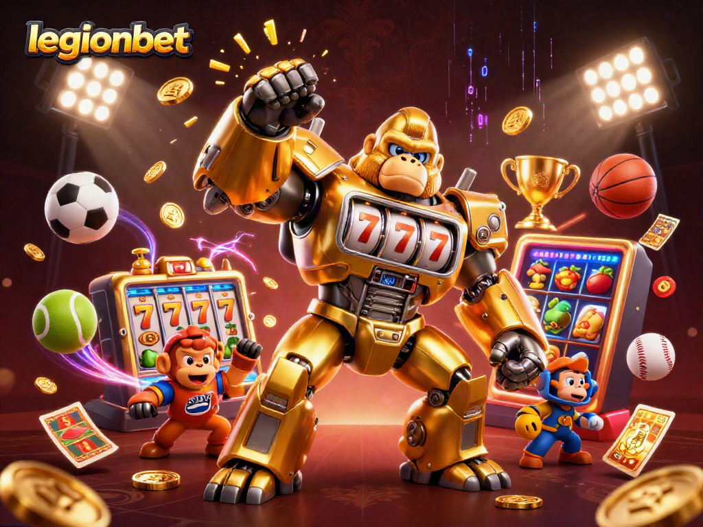 Experience thrilling gaming with legionbet's 3D golden gorilla mech amidst dynamic casino action.