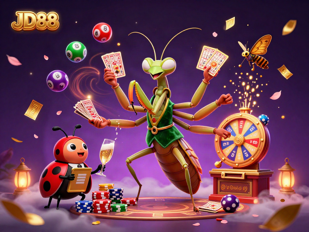 JD88 brings excitement with a dynamic casino scene featuring colorful lottery elements and vibrant characters.