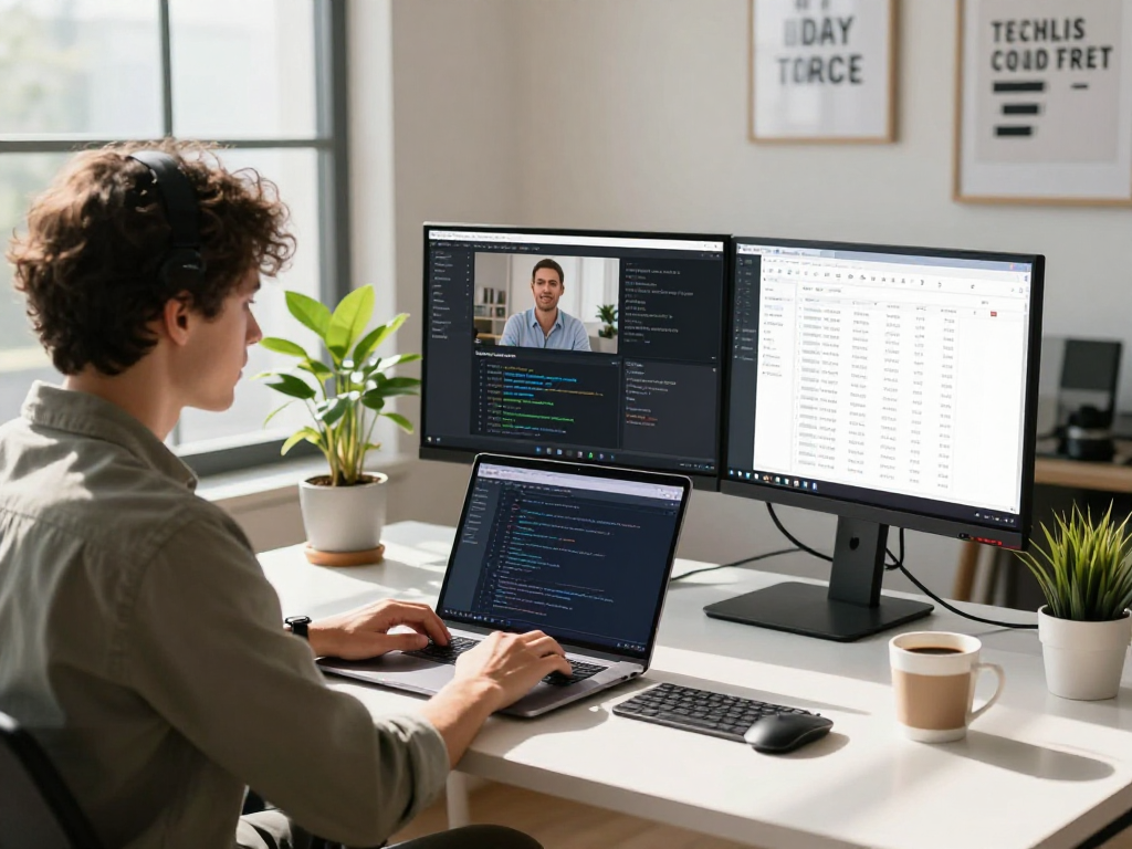 Remote work professional using ToDesk for seamless collaboration in a bright, modern office.