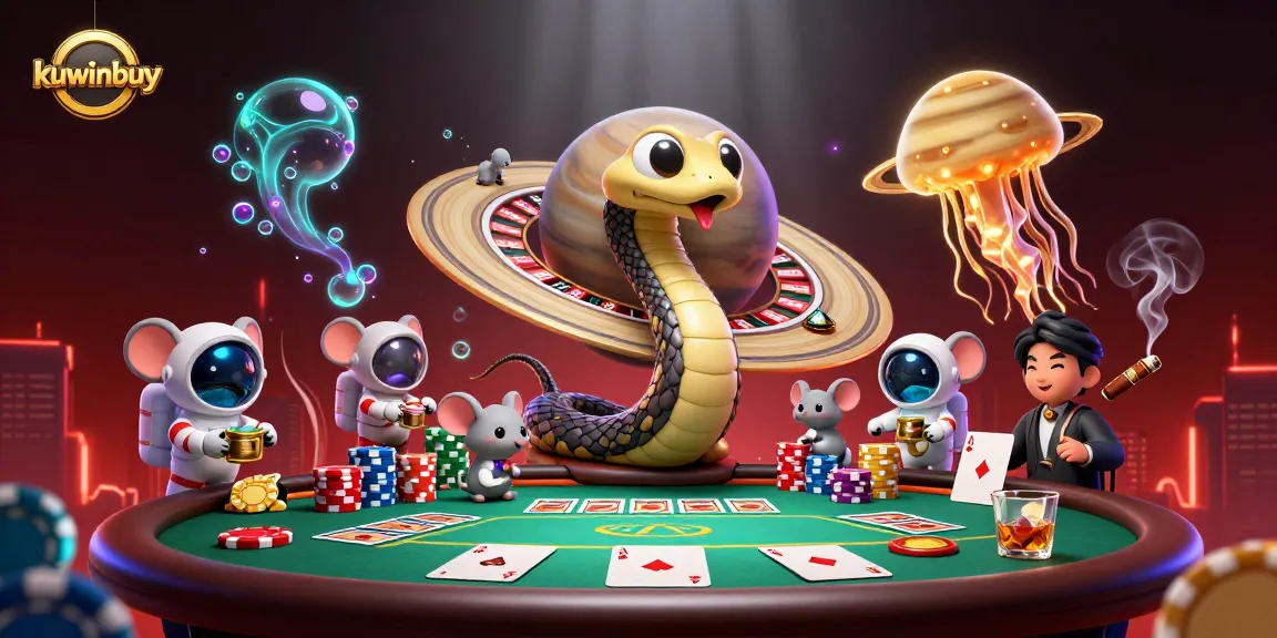 kuwinbuy rolls the dice with cosmic characters at a vibrant alien casino scene