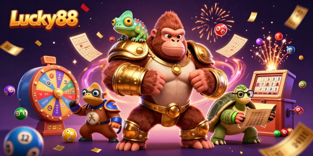 Lucky88 showcases a vibrant scene with a gorilla king and friends celebrating with colorful lottery balls and a prize wheel.