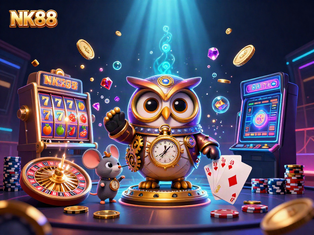 Experience thrilling wins with NK88's dynamic casino scene filled with animated slot reels and coins.