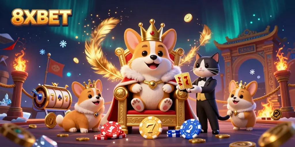 Engage with the vibrant scene showcasing 8XBET through cartoon corgis in a casino setting.