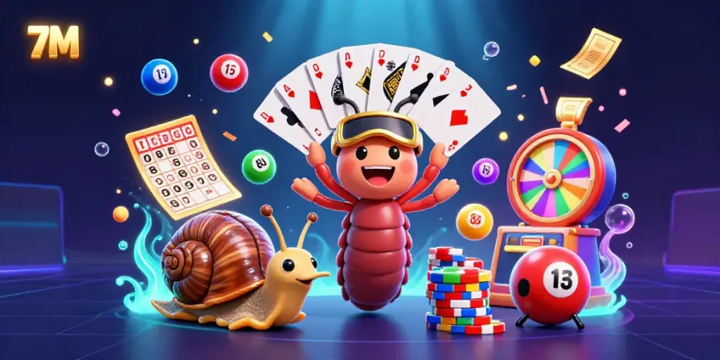 Engage in thrilling games at 7M with lively cartoon characters celebrating wins surrounded by vibrant casino elements.