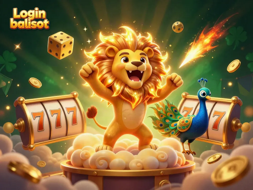 Experience the excitement of Login balislot with a vivid illustration featuring golden dice, a roaring lion, and slot elements.
