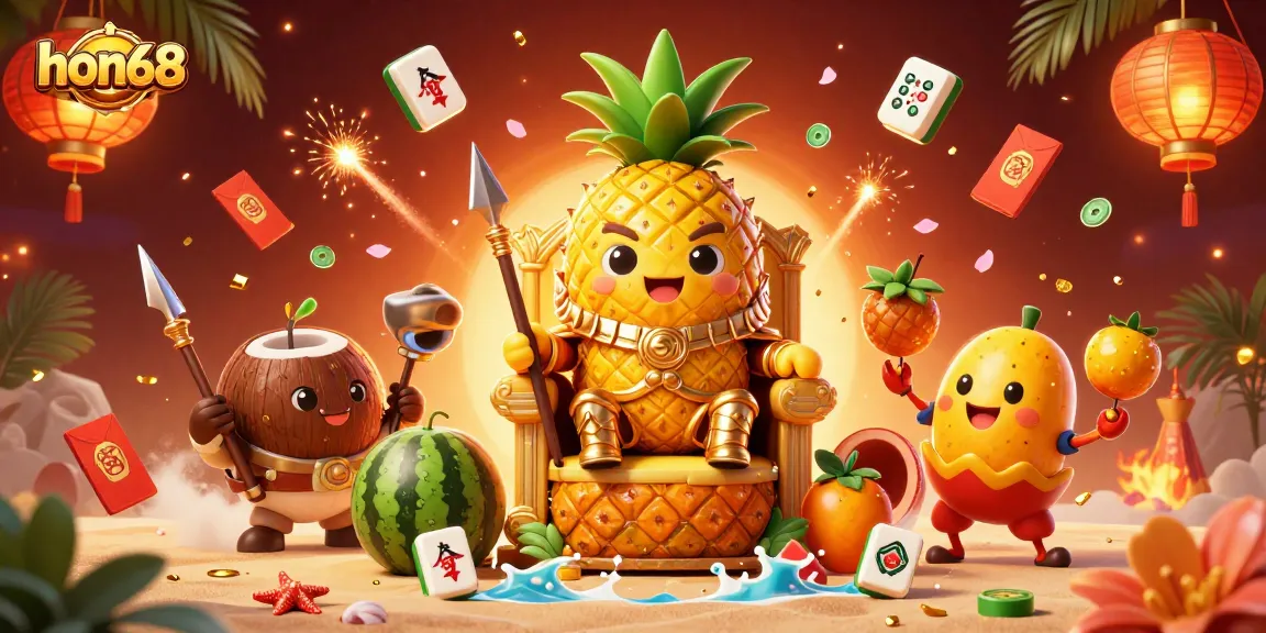 Engage in thrilling gaming experiences at hon68 with a vibrant casino scene featuring a golden pineapple king.