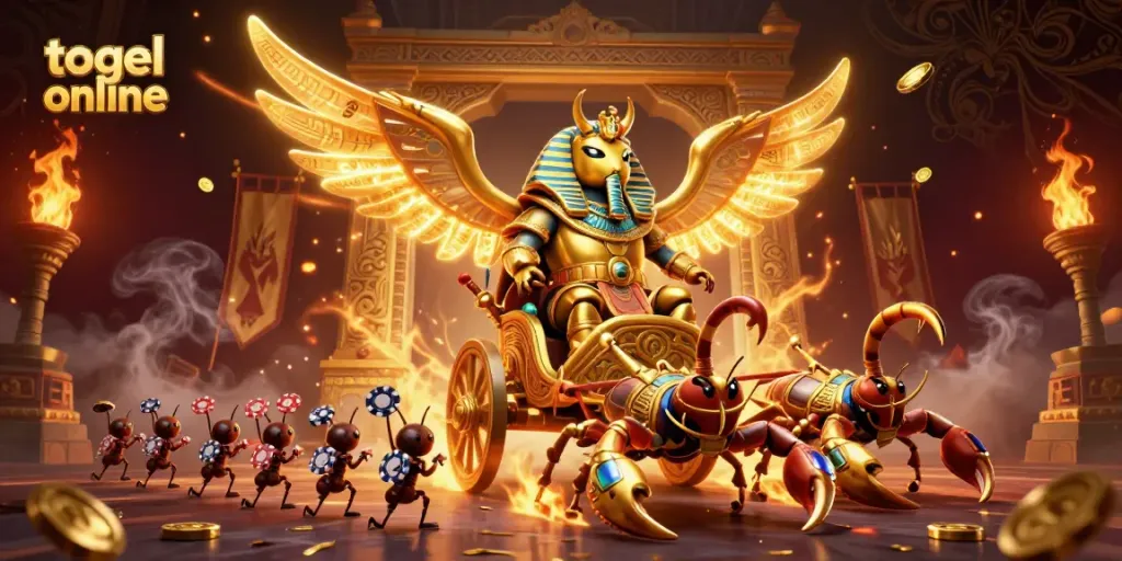 Engage in togel online thrilling games with rich visuals of a golden scarab beetle and scorpions.
