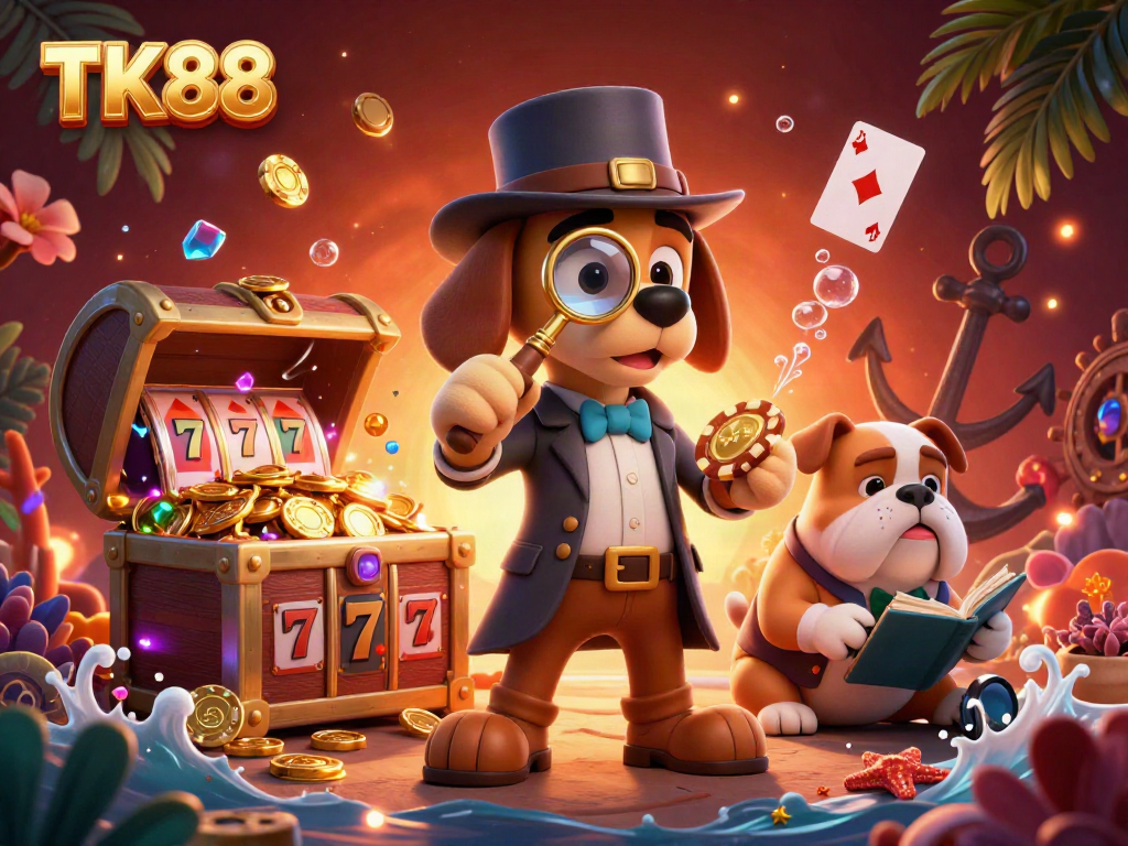 Engage with TK88 in a vibrant casino adventure illustrated with dynamic gold and treasure amidst cartoon detectives.