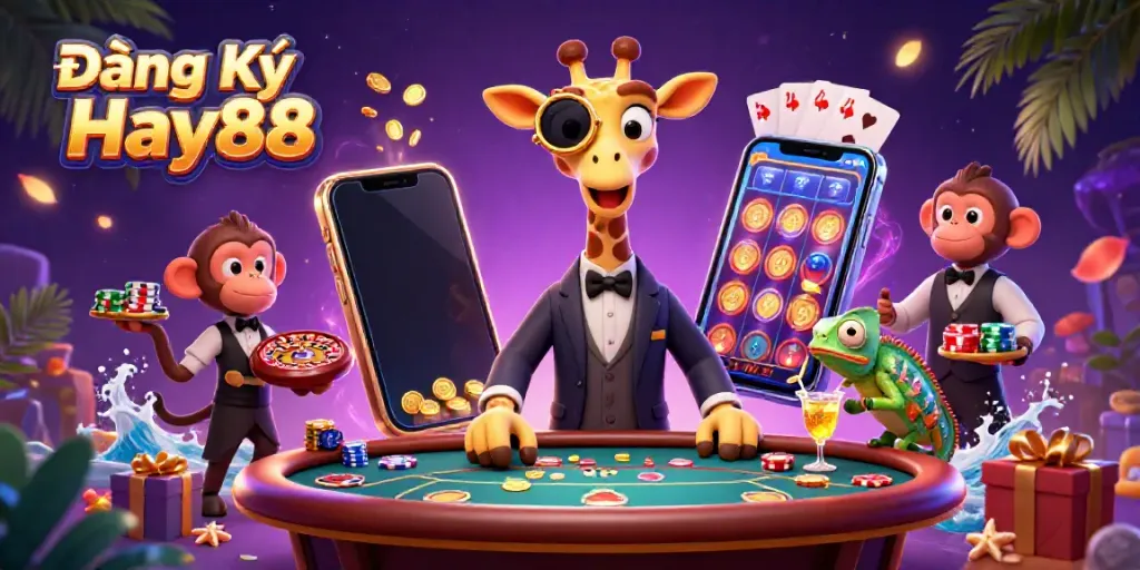 Experience exhilarating moments at Đăng Ký Hay88 with vibrant casino action featuring a lively giraffe and monkey.