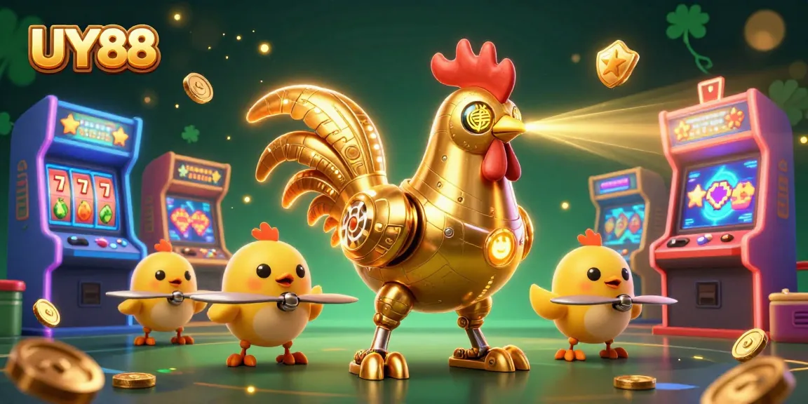 Experience the excitement of UY88 with a golden rooster robot amidst colorful gaming elements.