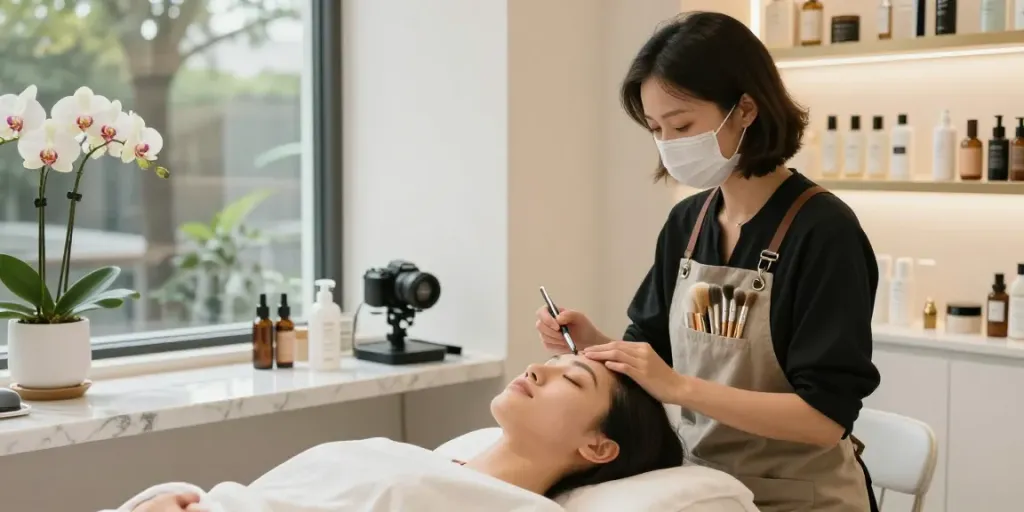 Beauty Salon Colchester with a stylist applying a facial treatment to a client in a serene, elegant environment.