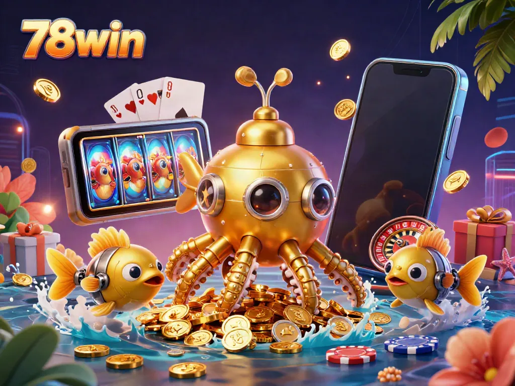 Experience the thrill of 78win with a golden kraken submarine and mechanical fish amidst a cascade of coins.