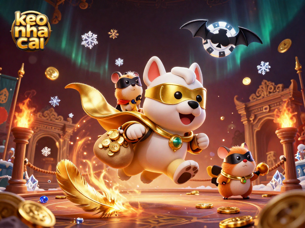 Experience exciting games with keo nha cai featuring a superhero dog and hamster in a dynamic casino scene.
