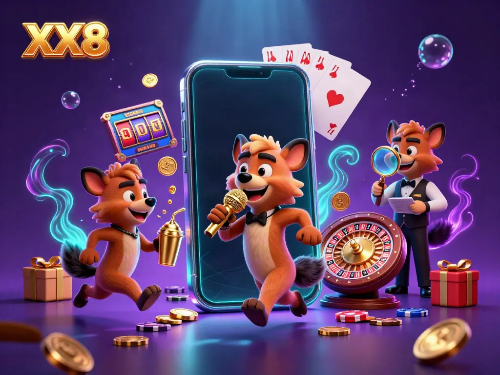 Hyenas at a comedy casino scene showcasing XX8 with slot games, cards, and vibrant colors.